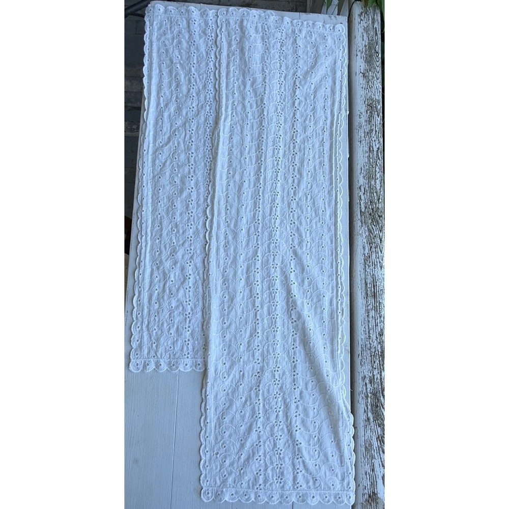 Vintage White Eyelet Lace Table Runner Set of 2 Scalloped Edge Cotton 32x12